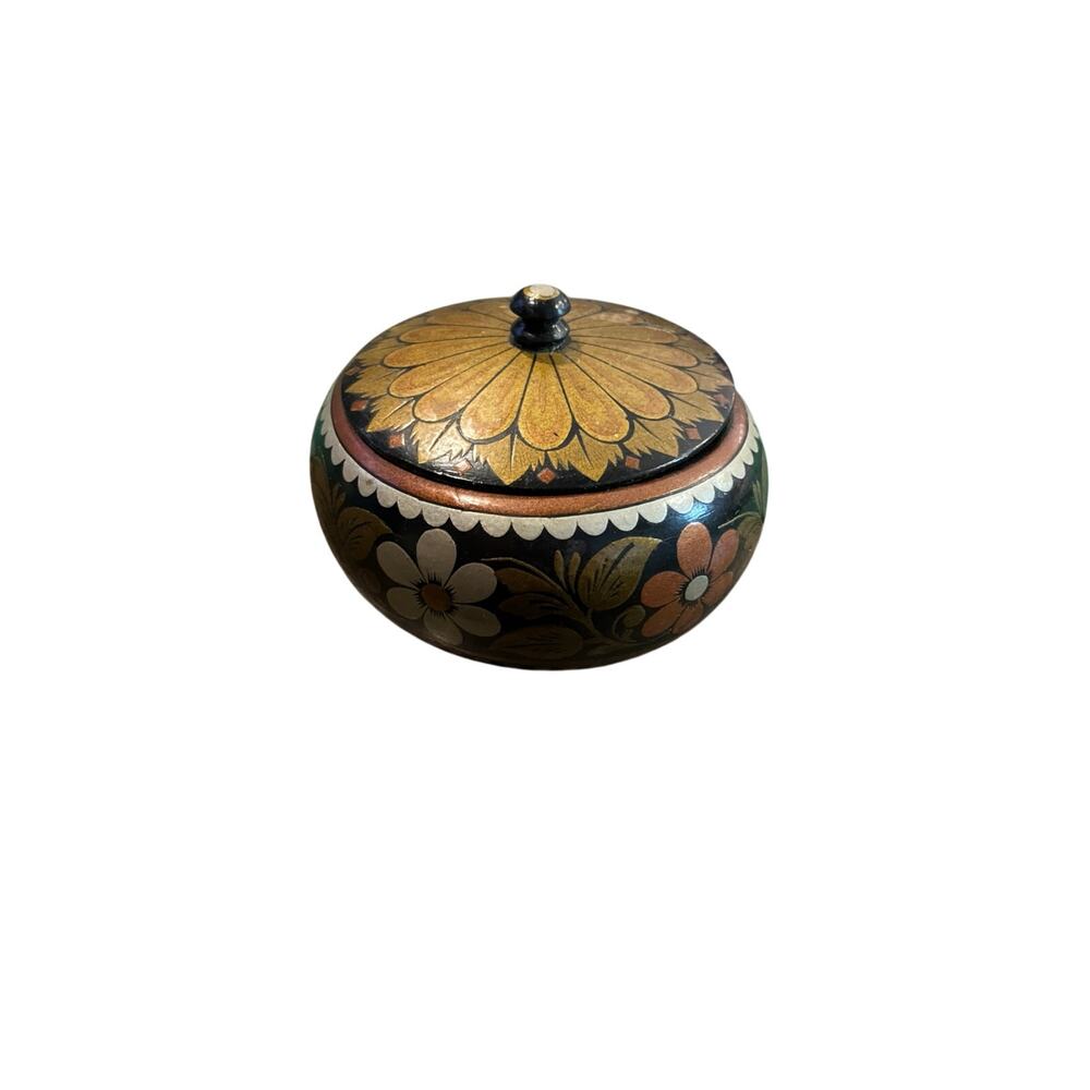Vintage Russian Khokhloma Folk Art Hand Painted Wooden Lidded Bowl Made In USSR